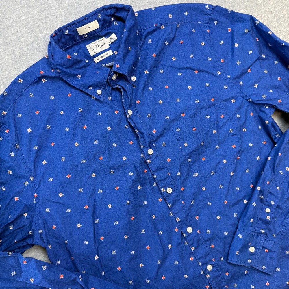 J Crew Shirt Mens Large Slim Fit Blue Nautical Yacht Sailing Flags Secret Wash
